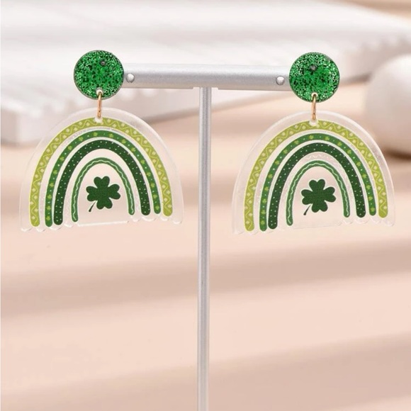 Acrylic Green Clover and Rainbow Earrings - Picture 2 of 4